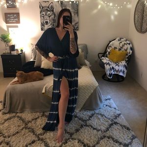 Blue and white tie die dress with slit